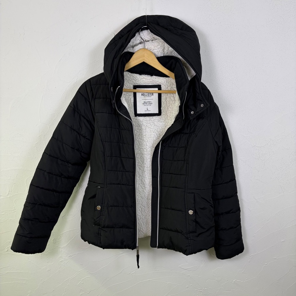 Y2K Hollister Puffer Jacket Women Large Black Sherpa Lined Hooded  Gorpcore FLAW